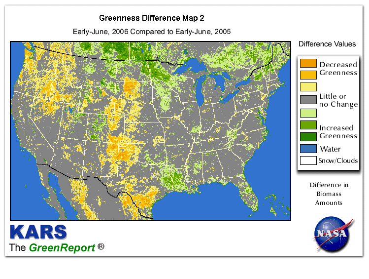 Color-coded U.S. vegetation greeness index map for Period 23 of 2006, illustrating spatial variations in plant vigor, with greener tones indicating higher biomass and browner tones indicating stressed vegetation,
              comparing current crop/vegetation change in biomass to same period from the previous year.