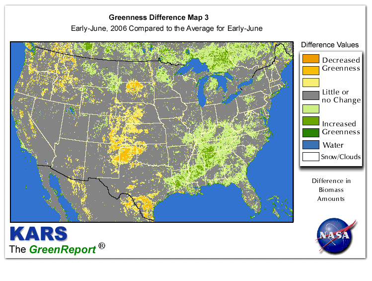 Color-coded U.S. vegetation greeness index map for Period 23 of 2006, illustrating spatial variations in plant vigor, with greener tones indicating higher biomass and browner tones indicating stressed vegetation,
              comparing current crop/vegetation change in biomass to the 20-year greenness average.