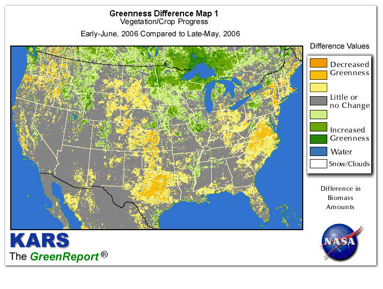 Color-coded U.S. vegetation greeness index map for Period 24 of 2006, illustrating spatial variations in plant vigor, with greener tones indicating higher biomass and browner tones indicating stressed vegetation,
              comparing current crop/vegetation change in biomass to the previous week within the same year.