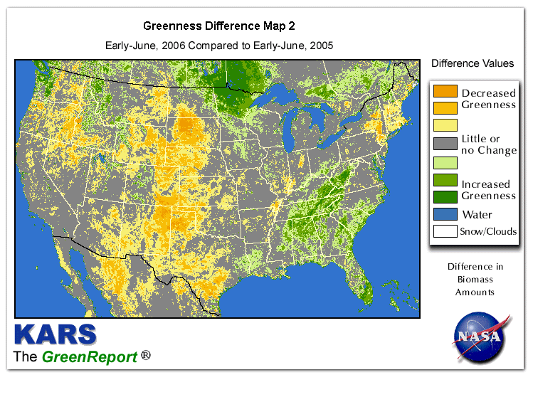 Color-coded U.S. vegetation greeness index map for Period 24 of 2006, illustrating spatial variations in plant vigor, with greener tones indicating higher biomass and browner tones indicating stressed vegetation,
              comparing current crop/vegetation change in biomass to same period from the previous year.