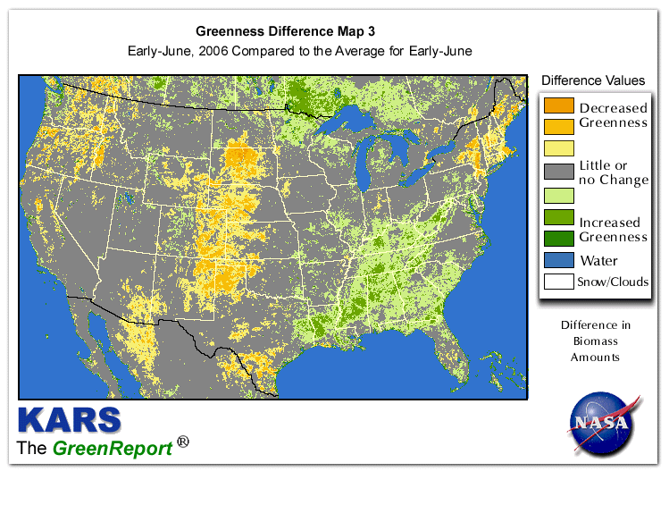 Color-coded U.S. vegetation greeness index map for Period 24 of 2006, illustrating spatial variations in plant vigor, with greener tones indicating higher biomass and browner tones indicating stressed vegetation,
              comparing current crop/vegetation change in biomass to the 20-year greenness average.