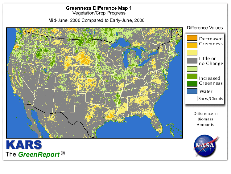 Color-coded U.S. vegetation greeness index map for Period 25 of 2006, illustrating spatial variations in plant vigor, with greener tones indicating higher biomass and browner tones indicating stressed vegetation,
              comparing current crop/vegetation change in biomass to the previous week within the same year.
