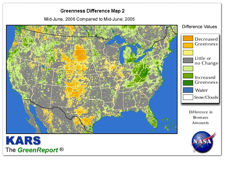 Color-coded U.S. vegetation greeness index map for Period 25 of 2006, illustrating spatial variations in plant vigor, with greener tones indicating higher biomass and browner tones indicating stressed vegetation,
              comparing current crop/vegetation change in biomass to same period from the previous year.