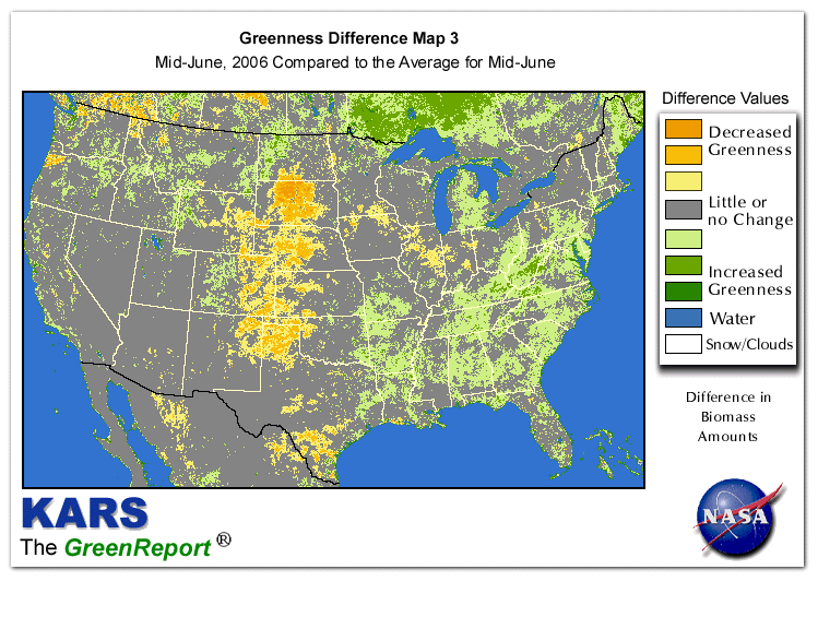 Color-coded U.S. vegetation greeness index map for Period 25 of 2006, illustrating spatial variations in plant vigor, with greener tones indicating higher biomass and browner tones indicating stressed vegetation,
              comparing current crop/vegetation change in biomass to the 20-year greenness average.