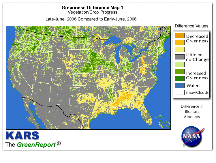 Color-coded U.S. vegetation greeness index map for Period 26 of 2006, illustrating spatial variations in plant vigor, with greener tones indicating higher biomass and browner tones indicating stressed vegetation,
              comparing current crop/vegetation change in biomass to the previous week within the same year.