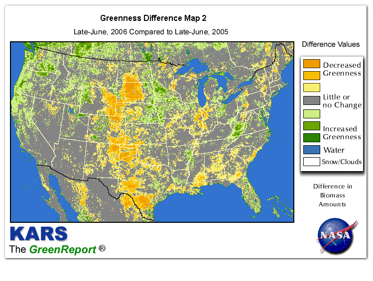 Color-coded U.S. vegetation greeness index map for Period 26 of 2006, illustrating spatial variations in plant vigor, with greener tones indicating higher biomass and browner tones indicating stressed vegetation,
              comparing current crop/vegetation change in biomass to same period from the previous year.