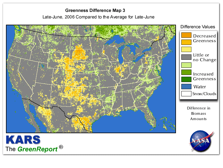 Color-coded U.S. vegetation greeness index map for Period 26 of 2006, illustrating spatial variations in plant vigor, with greener tones indicating higher biomass and browner tones indicating stressed vegetation,
              comparing current crop/vegetation change in biomass to the 20-year greenness average.