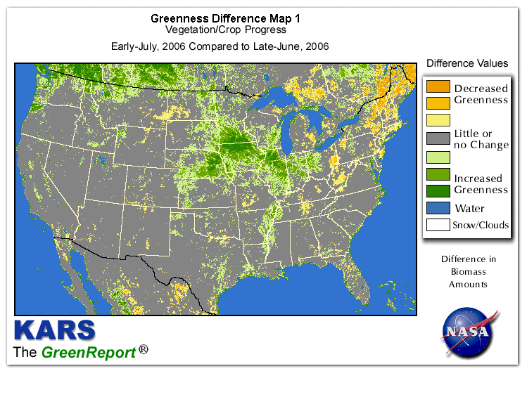 Color-coded U.S. vegetation greeness index map for Period 27 of 2006, illustrating spatial variations in plant vigor, with greener tones indicating higher biomass and browner tones indicating stressed vegetation,
              comparing current crop/vegetation change in biomass to the previous week within the same year.