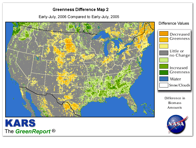 Color-coded U.S. vegetation greeness index map for Period 27 of 2006, illustrating spatial variations in plant vigor, with greener tones indicating higher biomass and browner tones indicating stressed vegetation,
              comparing current crop/vegetation change in biomass to same period from the previous year.