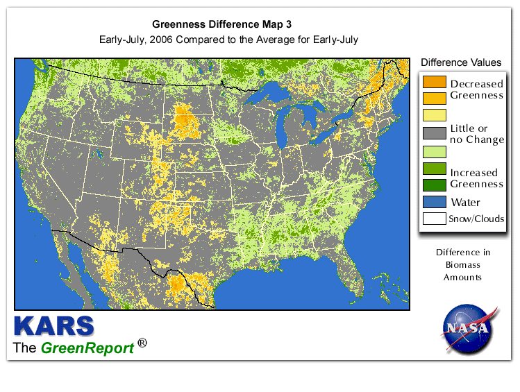 Color-coded U.S. vegetation greeness index map for Period 27 of 2006, illustrating spatial variations in plant vigor, with greener tones indicating higher biomass and browner tones indicating stressed vegetation,
              comparing current crop/vegetation change in biomass to the 20-year greenness average.