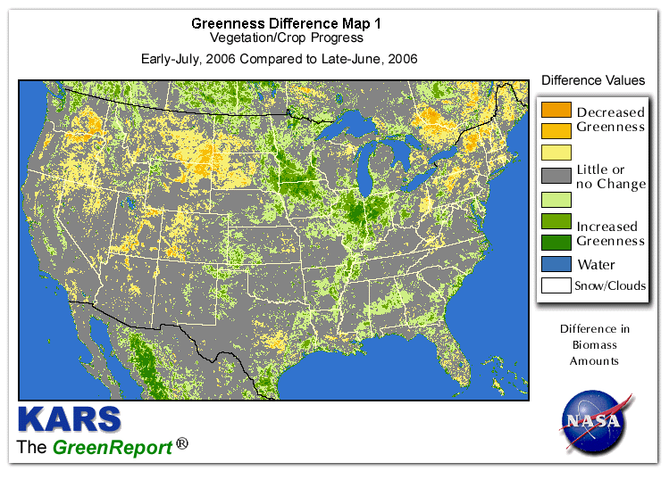 Color-coded U.S. vegetation greeness index map for Period 28 of 2006, illustrating spatial variations in plant vigor, with greener tones indicating higher biomass and browner tones indicating stressed vegetation,
              comparing current crop/vegetation change in biomass to the previous week within the same year.