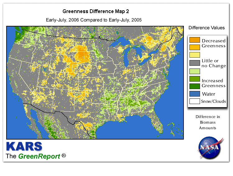 Color-coded U.S. vegetation greeness index map for Period 28 of 2006, illustrating spatial variations in plant vigor, with greener tones indicating higher biomass and browner tones indicating stressed vegetation,
              comparing current crop/vegetation change in biomass to same period from the previous year.