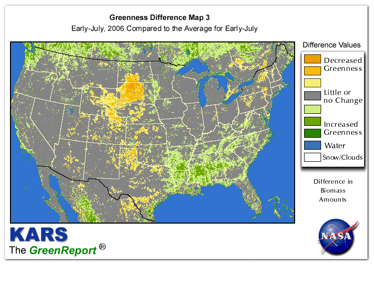 Color-coded U.S. vegetation greeness index map for Period 28 of 2006, illustrating spatial variations in plant vigor, with greener tones indicating higher biomass and browner tones indicating stressed vegetation,
              comparing current crop/vegetation change in biomass to the 20-year greenness average.