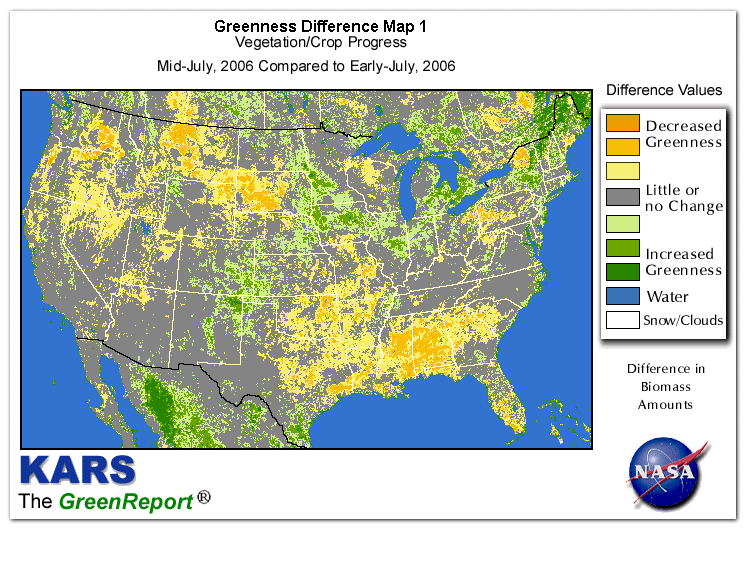 Color-coded U.S. vegetation greeness index map for Period 29 of 2006, illustrating spatial variations in plant vigor, with greener tones indicating higher biomass and browner tones indicating stressed vegetation,
              comparing current crop/vegetation change in biomass to the previous week within the same year.