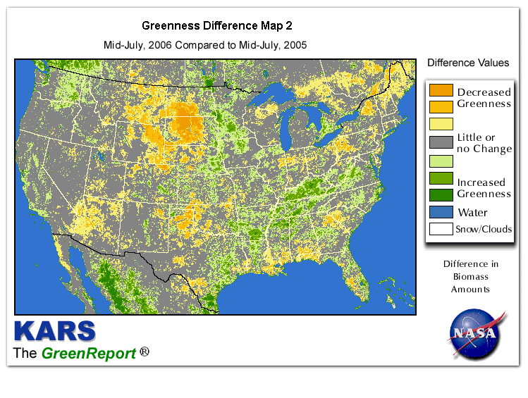 Color-coded U.S. vegetation greeness index map for Period 29 of 2006, illustrating spatial variations in plant vigor, with greener tones indicating higher biomass and browner tones indicating stressed vegetation,
              comparing current crop/vegetation change in biomass to same period from the previous year.