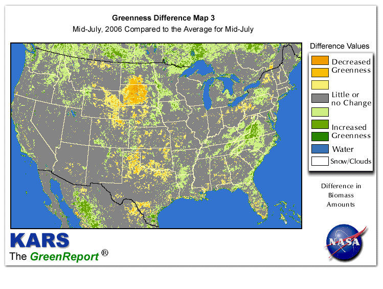Color-coded U.S. vegetation greeness index map for Period 29 of 2006, illustrating spatial variations in plant vigor, with greener tones indicating higher biomass and browner tones indicating stressed vegetation,
              comparing current crop/vegetation change in biomass to the 20-year greenness average.