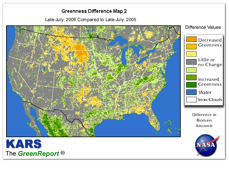 Color-coded U.S. vegetation greeness index map for Period 30 of 2006, illustrating spatial variations in plant vigor, with greener tones indicating higher biomass and browner tones indicating stressed vegetation,
              comparing current crop/vegetation change in biomass to same period from the previous year.