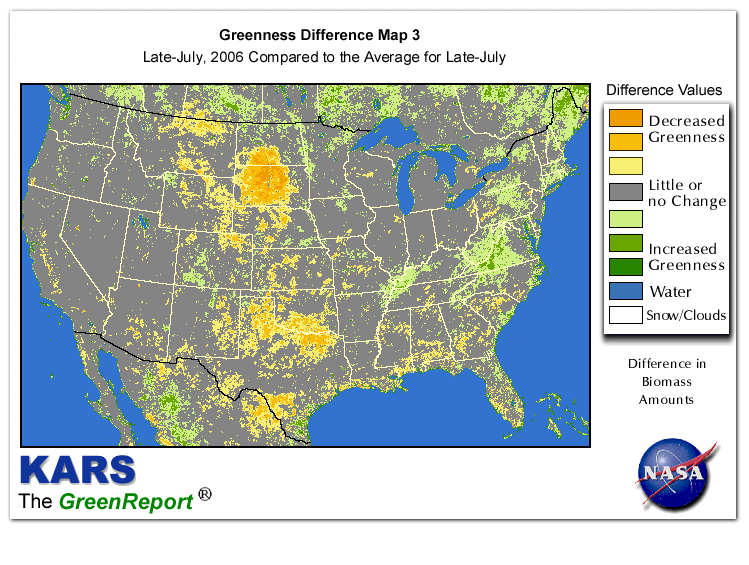Color-coded U.S. vegetation greeness index map for Period 30 of 2006, illustrating spatial variations in plant vigor, with greener tones indicating higher biomass and browner tones indicating stressed vegetation,
              comparing current crop/vegetation change in biomass to the 20-year greenness average.