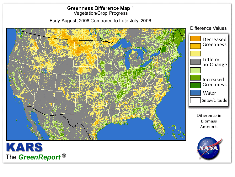 Color-coded U.S. vegetation greeness index map for Period 31 of 2006, illustrating spatial variations in plant vigor, with greener tones indicating higher biomass and browner tones indicating stressed vegetation,
              comparing current crop/vegetation change in biomass to the previous week within the same year.