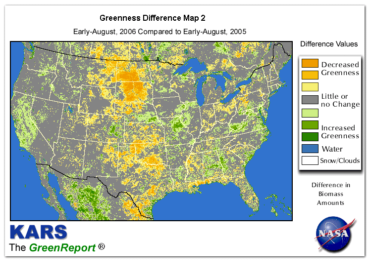 Color-coded U.S. vegetation greeness index map for Period 31 of 2006, illustrating spatial variations in plant vigor, with greener tones indicating higher biomass and browner tones indicating stressed vegetation,
              comparing current crop/vegetation change in biomass to same period from the previous year.