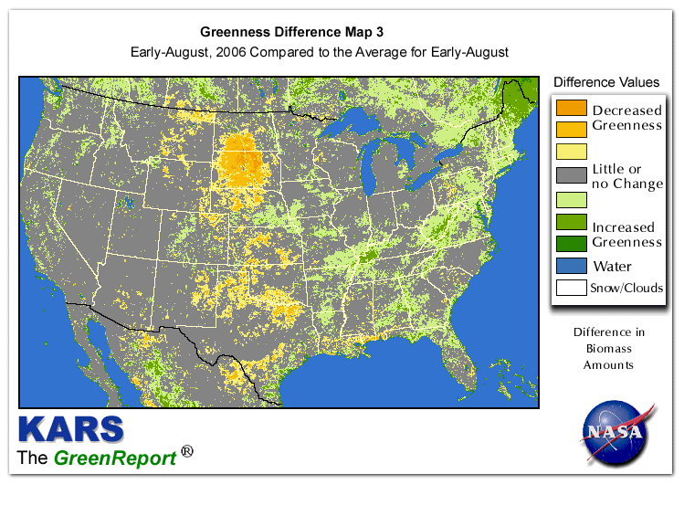 Color-coded U.S. vegetation greeness index map for Period 31 of 2006, illustrating spatial variations in plant vigor, with greener tones indicating higher biomass and browner tones indicating stressed vegetation,
              comparing current crop/vegetation change in biomass to the 20-year greenness average.