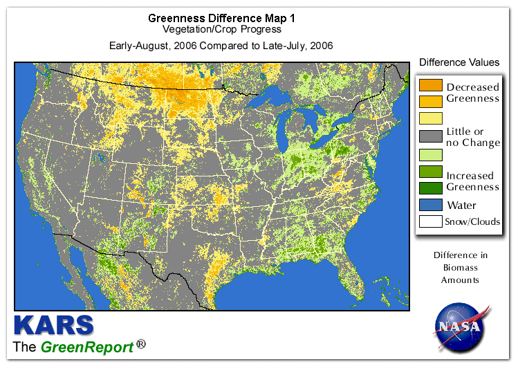 Color-coded U.S. vegetation greeness index map for Period 32 of 2006, illustrating spatial variations in plant vigor, with greener tones indicating higher biomass and browner tones indicating stressed vegetation,
              comparing current crop/vegetation change in biomass to the previous week within the same year.
