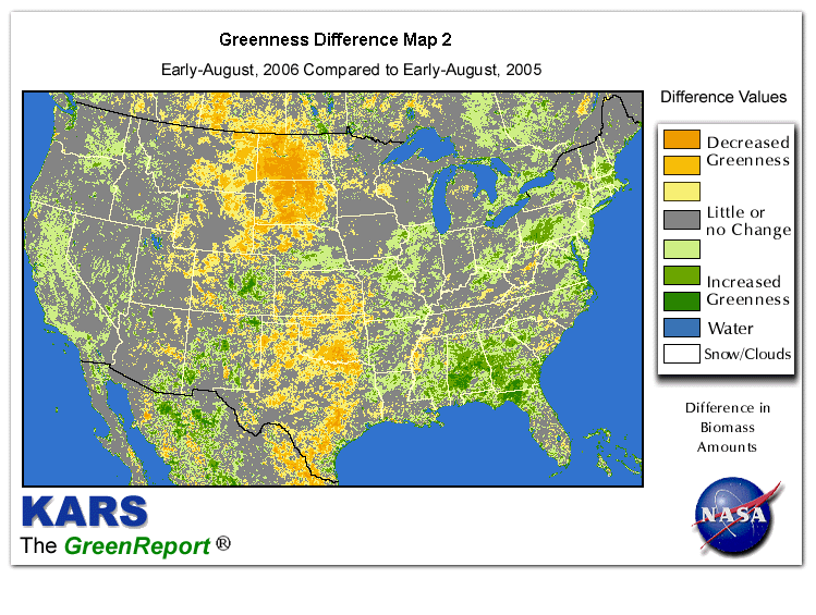 Color-coded U.S. vegetation greeness index map for Period 32 of 2006, illustrating spatial variations in plant vigor, with greener tones indicating higher biomass and browner tones indicating stressed vegetation,
              comparing current crop/vegetation change in biomass to same period from the previous year.