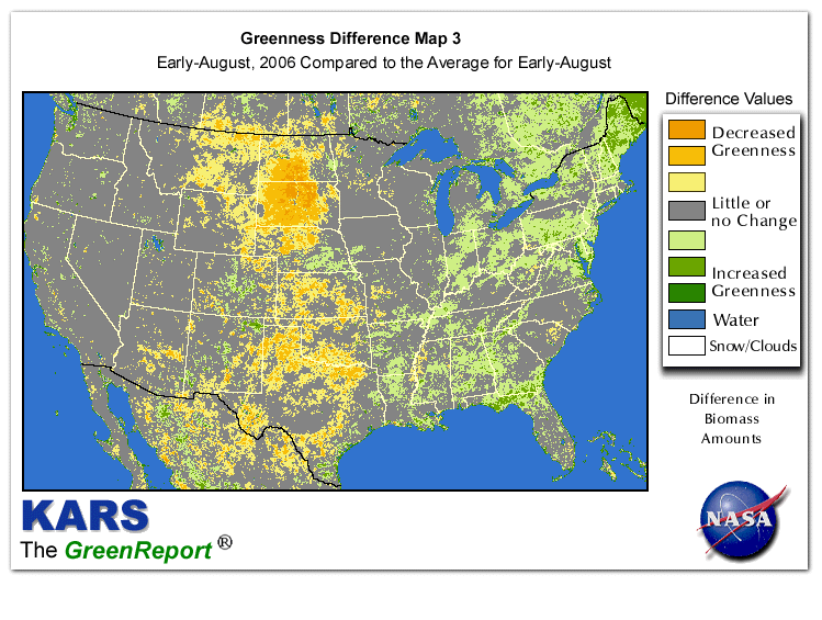 Color-coded U.S. vegetation greeness index map for Period 32 of 2006, illustrating spatial variations in plant vigor, with greener tones indicating higher biomass and browner tones indicating stressed vegetation,
              comparing current crop/vegetation change in biomass to the 20-year greenness average.