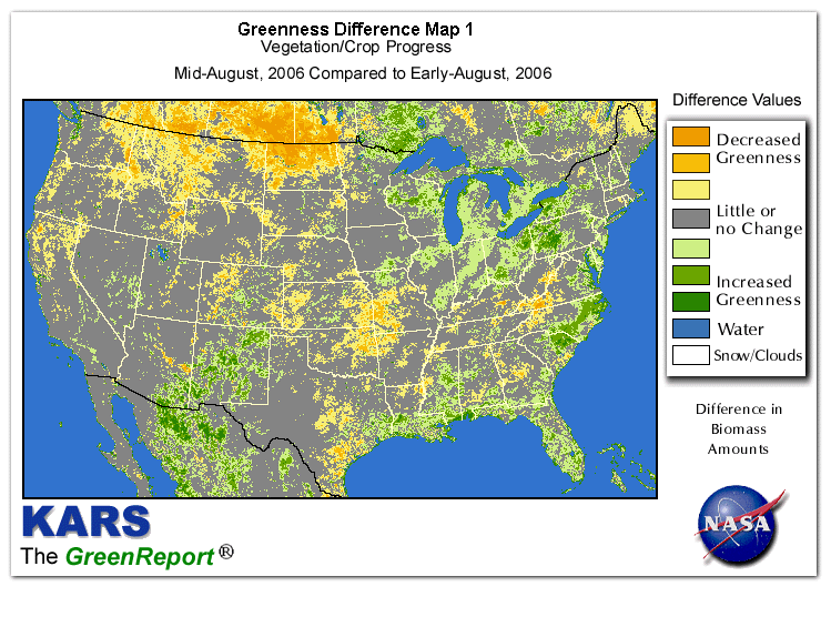 Color-coded U.S. vegetation greeness index map for Period 33 of 2006, illustrating spatial variations in plant vigor, with greener tones indicating higher biomass and browner tones indicating stressed vegetation,
              comparing current crop/vegetation change in biomass to the previous week within the same year.