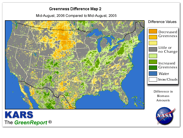 Color-coded U.S. vegetation greeness index map for Period 33 of 2006, illustrating spatial variations in plant vigor, with greener tones indicating higher biomass and browner tones indicating stressed vegetation,
              comparing current crop/vegetation change in biomass to same period from the previous year.