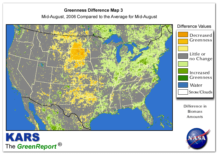 Color-coded U.S. vegetation greeness index map for Period 33 of 2006, illustrating spatial variations in plant vigor, with greener tones indicating higher biomass and browner tones indicating stressed vegetation,
              comparing current crop/vegetation change in biomass to the 20-year greenness average.