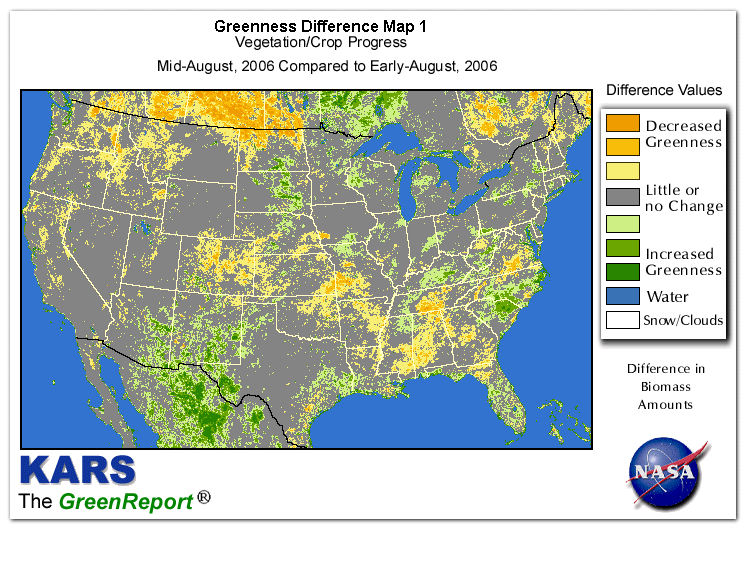 Color-coded U.S. vegetation greeness index map for Period 34 of 2006, illustrating spatial variations in plant vigor, with greener tones indicating higher biomass and browner tones indicating stressed vegetation,
              comparing current crop/vegetation change in biomass to the previous week within the same year.