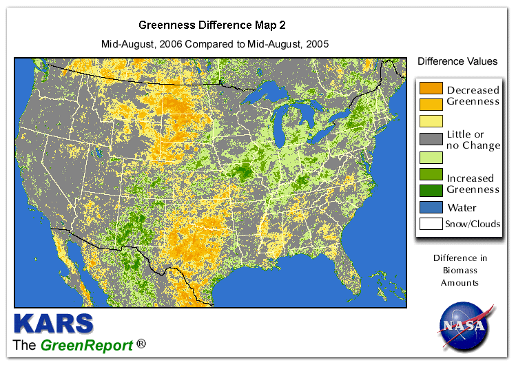Color-coded U.S. vegetation greeness index map for Period 34 of 2006, illustrating spatial variations in plant vigor, with greener tones indicating higher biomass and browner tones indicating stressed vegetation,
              comparing current crop/vegetation change in biomass to same period from the previous year.