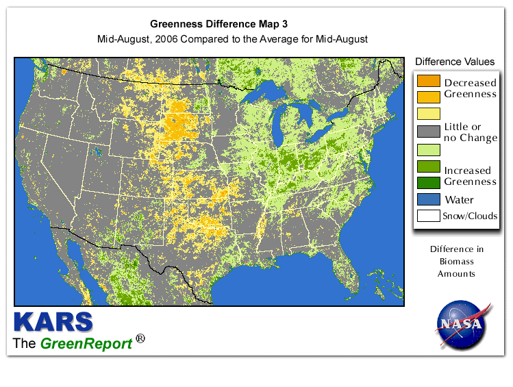 Color-coded U.S. vegetation greeness index map for Period 34 of 2006, illustrating spatial variations in plant vigor, with greener tones indicating higher biomass and browner tones indicating stressed vegetation,
              comparing current crop/vegetation change in biomass to the 20-year greenness average.