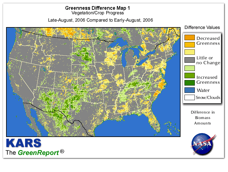 Color-coded U.S. vegetation greeness index map for Period 35 of 2006, illustrating spatial variations in plant vigor, with greener tones indicating higher biomass and browner tones indicating stressed vegetation,
              comparing current crop/vegetation change in biomass to the previous week within the same year.