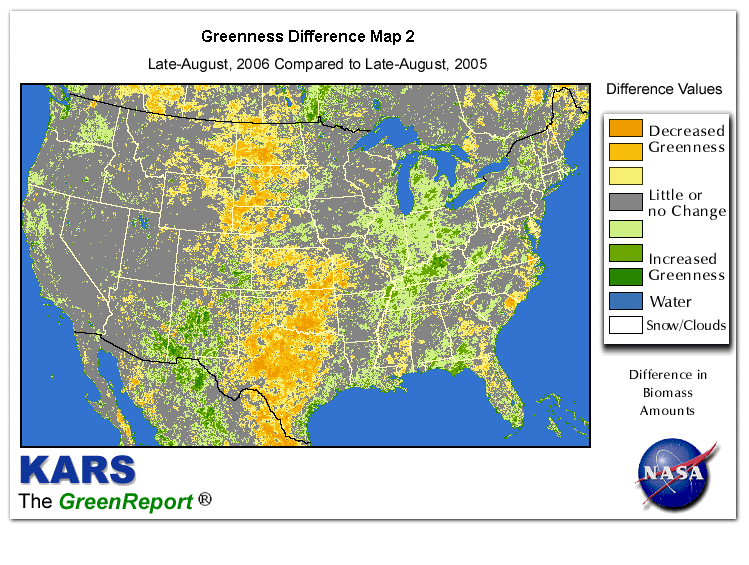 Color-coded U.S. vegetation greeness index map for Period 35 of 2006, illustrating spatial variations in plant vigor, with greener tones indicating higher biomass and browner tones indicating stressed vegetation,
              comparing current crop/vegetation change in biomass to same period from the previous year.