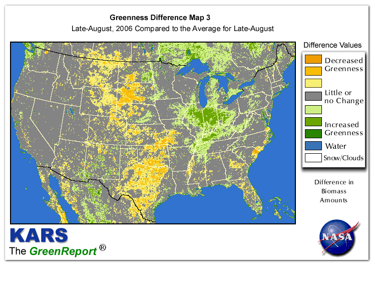 Color-coded U.S. vegetation greeness index map for Period 35 of 2006, illustrating spatial variations in plant vigor, with greener tones indicating higher biomass and browner tones indicating stressed vegetation,
              comparing current crop/vegetation change in biomass to the 20-year greenness average.