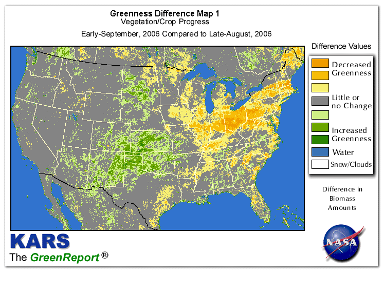Color-coded U.S. vegetation greeness index map for Period 36 of 2006, illustrating spatial variations in plant vigor, with greener tones indicating higher biomass and browner tones indicating stressed vegetation,
              comparing current crop/vegetation change in biomass to the previous week within the same year.