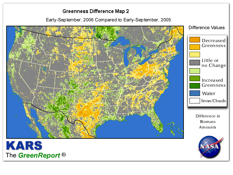 Color-coded U.S. vegetation greeness index map for Period 36 of 2006, illustrating spatial variations in plant vigor, with greener tones indicating higher biomass and browner tones indicating stressed vegetation,
              comparing current crop/vegetation change in biomass to same period from the previous year.