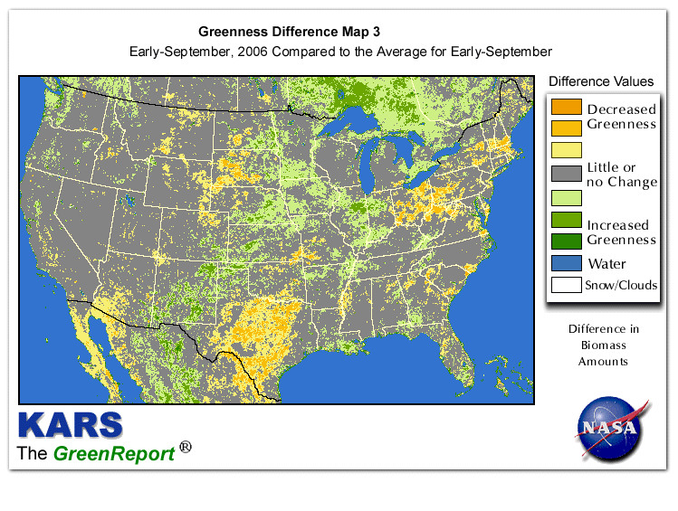 Color-coded U.S. vegetation greeness index map for Period 36 of 2006, illustrating spatial variations in plant vigor, with greener tones indicating higher biomass and browner tones indicating stressed vegetation,
              comparing current crop/vegetation change in biomass to the 20-year greenness average.
