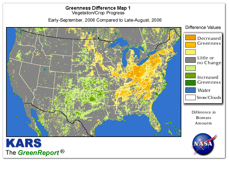 Color-coded U.S. vegetation greeness index map for Period 37 of 2006, illustrating spatial variations in plant vigor, with greener tones indicating higher biomass and browner tones indicating stressed vegetation,
              comparing current crop/vegetation change in biomass to the previous week within the same year.