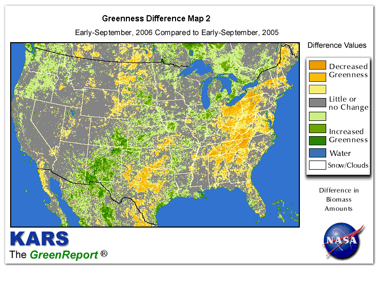 Color-coded U.S. vegetation greeness index map for Period 37 of 2006, illustrating spatial variations in plant vigor, with greener tones indicating higher biomass and browner tones indicating stressed vegetation,
              comparing current crop/vegetation change in biomass to same period from the previous year.
