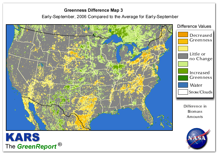 Color-coded U.S. vegetation greeness index map for Period 37 of 2006, illustrating spatial variations in plant vigor, with greener tones indicating higher biomass and browner tones indicating stressed vegetation,
              comparing current crop/vegetation change in biomass to the 20-year greenness average.