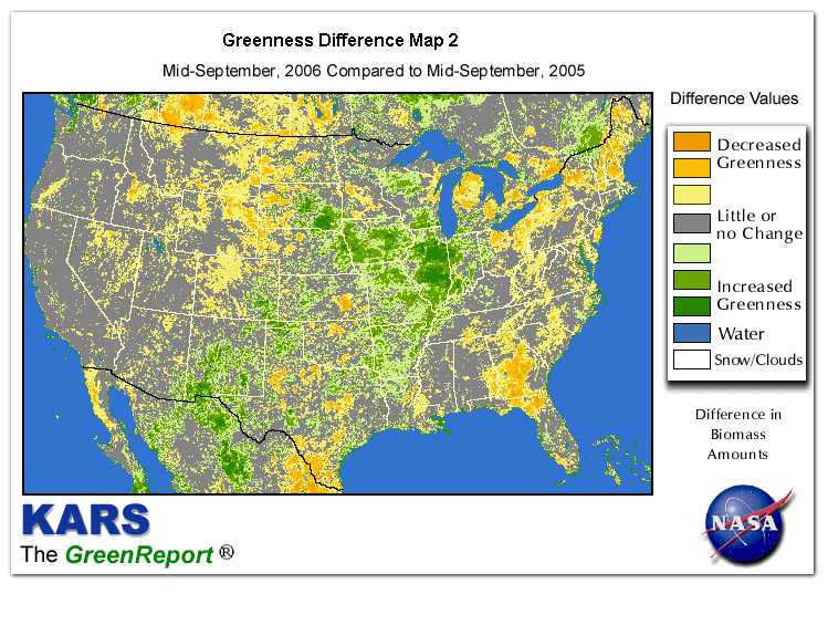 Color-coded U.S. vegetation greeness index map for Period 38 of 2006, illustrating spatial variations in plant vigor, with greener tones indicating higher biomass and browner tones indicating stressed vegetation,
              comparing current crop/vegetation change in biomass to same period from the previous year.