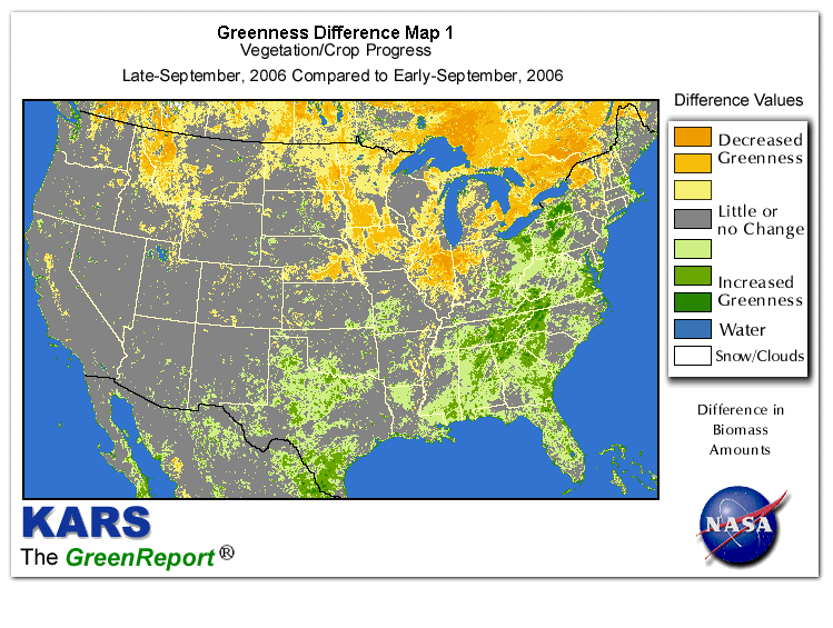 Color-coded U.S. vegetation greeness index map for Period 39 of 2006, illustrating spatial variations in plant vigor, with greener tones indicating higher biomass and browner tones indicating stressed vegetation,
              comparing current crop/vegetation change in biomass to the previous week within the same year.