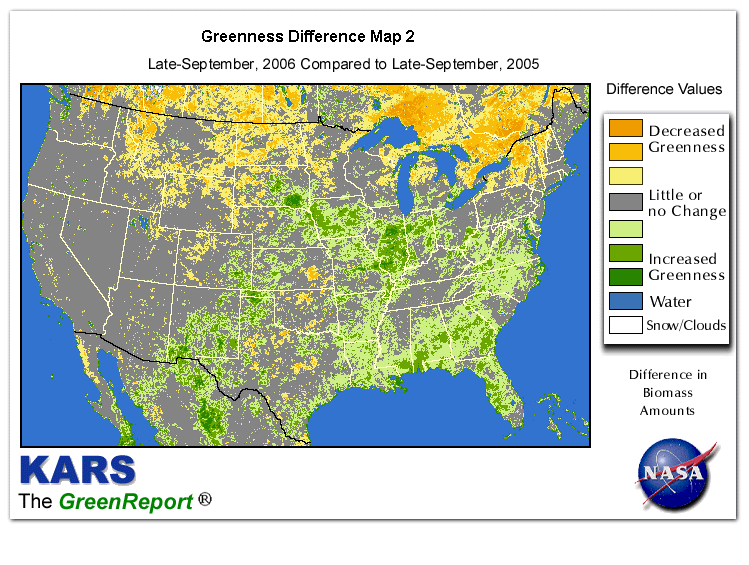 Color-coded U.S. vegetation greeness index map for Period 39 of 2006, illustrating spatial variations in plant vigor, with greener tones indicating higher biomass and browner tones indicating stressed vegetation,
              comparing current crop/vegetation change in biomass to same period from the previous year.