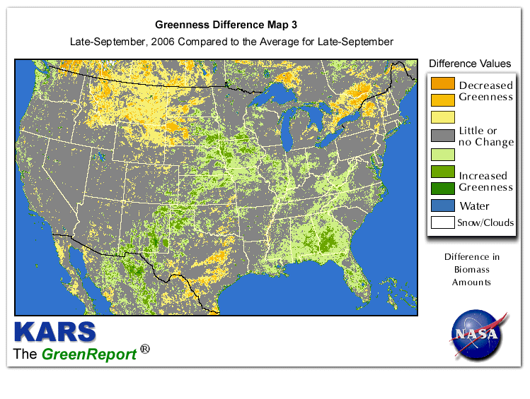 Color-coded U.S. vegetation greeness index map for Period 39 of 2006, illustrating spatial variations in plant vigor, with greener tones indicating higher biomass and browner tones indicating stressed vegetation,
              comparing current crop/vegetation change in biomass to the 20-year greenness average.