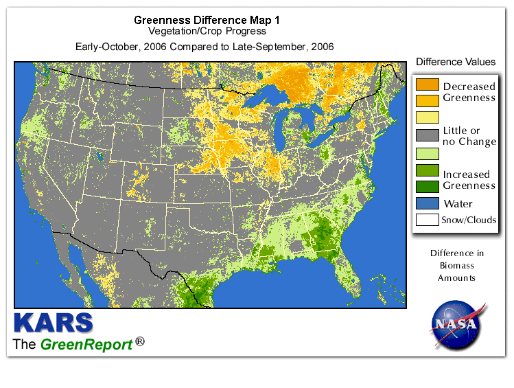 Color-coded U.S. vegetation greeness index map for Period 40 of 2006, illustrating spatial variations in plant vigor, with greener tones indicating higher biomass and browner tones indicating stressed vegetation,
              comparing current crop/vegetation change in biomass to the previous week within the same year.