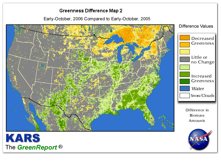 Color-coded U.S. vegetation greeness index map for Period 40 of 2006, illustrating spatial variations in plant vigor, with greener tones indicating higher biomass and browner tones indicating stressed vegetation,
              comparing current crop/vegetation change in biomass to same period from the previous year.