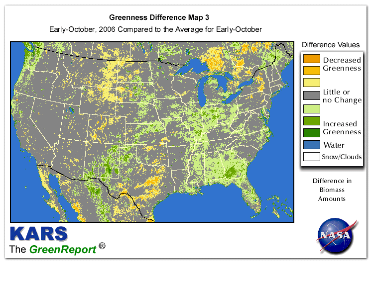 Color-coded U.S. vegetation greeness index map for Period 40 of 2006, illustrating spatial variations in plant vigor, with greener tones indicating higher biomass and browner tones indicating stressed vegetation,
              comparing current crop/vegetation change in biomass to the 20-year greenness average.